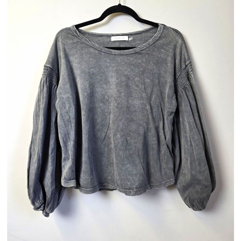 Mustard Seed Women's Gray Solid Knit Smocked Balloon Sleeve Scoop Neck Top S